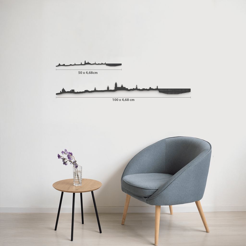 Comparativa de tamaños 50 cm y 100 cm de la silueta de Segovia en una pared de salón.