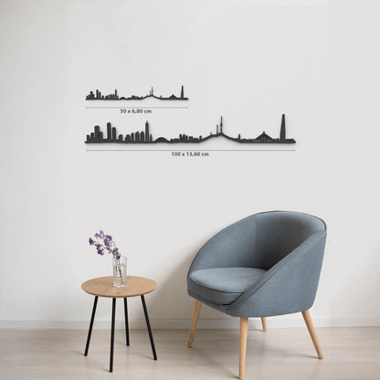 Comparativa de tamaños 50 cm y 100 cm de la silueta de Seoul en una pared de salón.