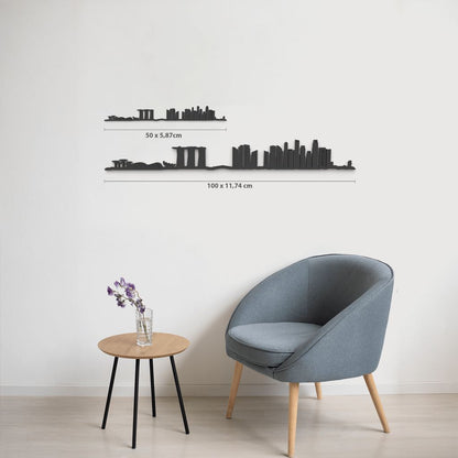Comparativa de tamaños 50 cm y 100 cm de la silueta de Singapore en una pared de salón.