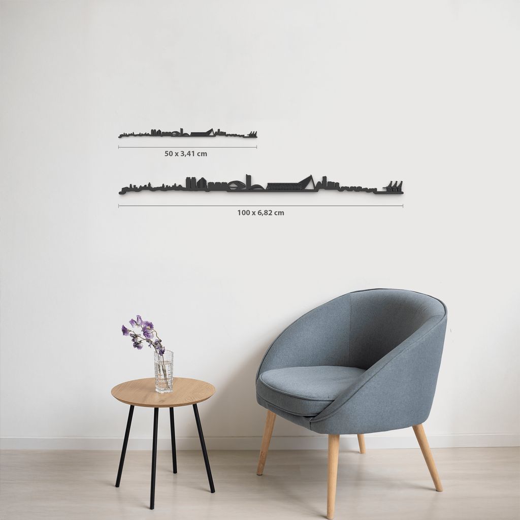 Comparativa de tamaños 50 cm y 100 cm de la silueta de Valencia en una pared de salón.