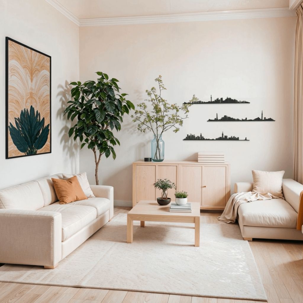 Decoración de salón con skylines de madera de Toronto, Tokio y Nueva York