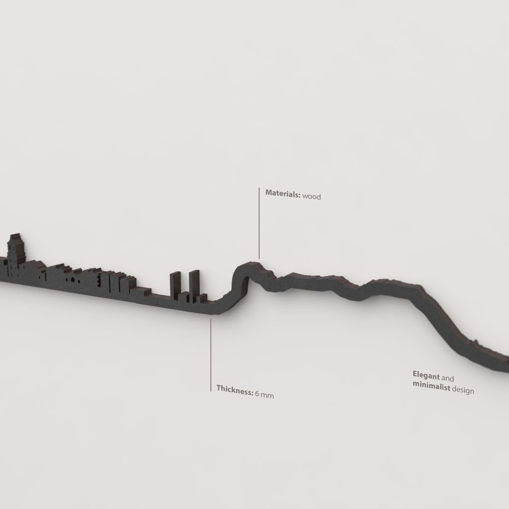 Skyline de Algeciras en madera negra, ideal para decorar paredes con estilo.