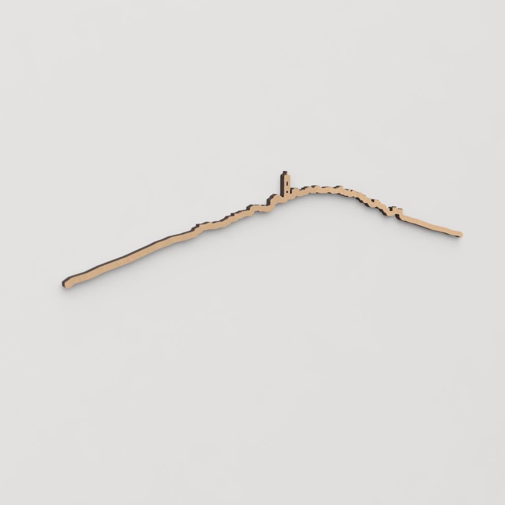 Decoración mural artesanal con la silueta de El Ballestar en madera trabajada.