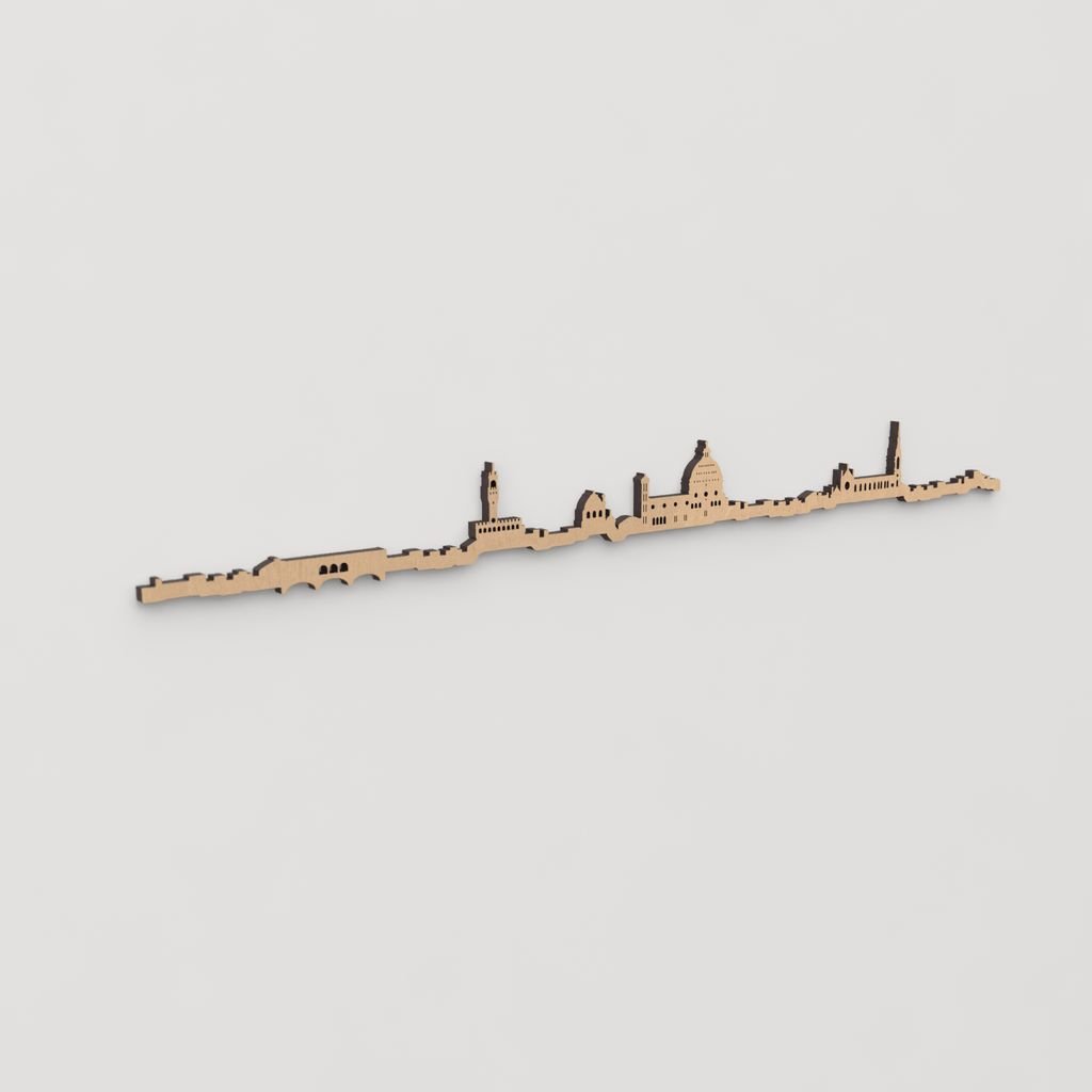 Pieza artesanal en madera con los principales monumentos de Florencia, capital de la Toscana.