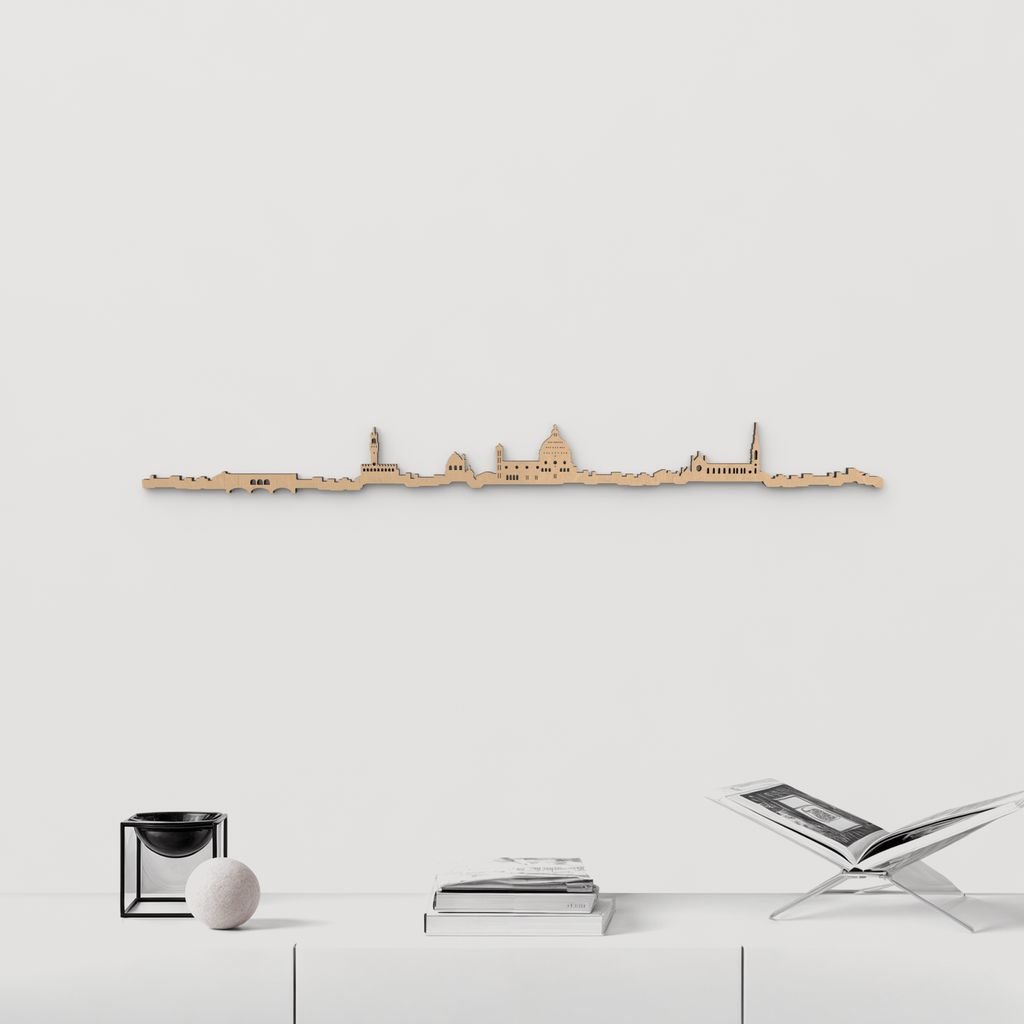 Decoración de pared en madera marrón con el skyline artístico de Florencia.