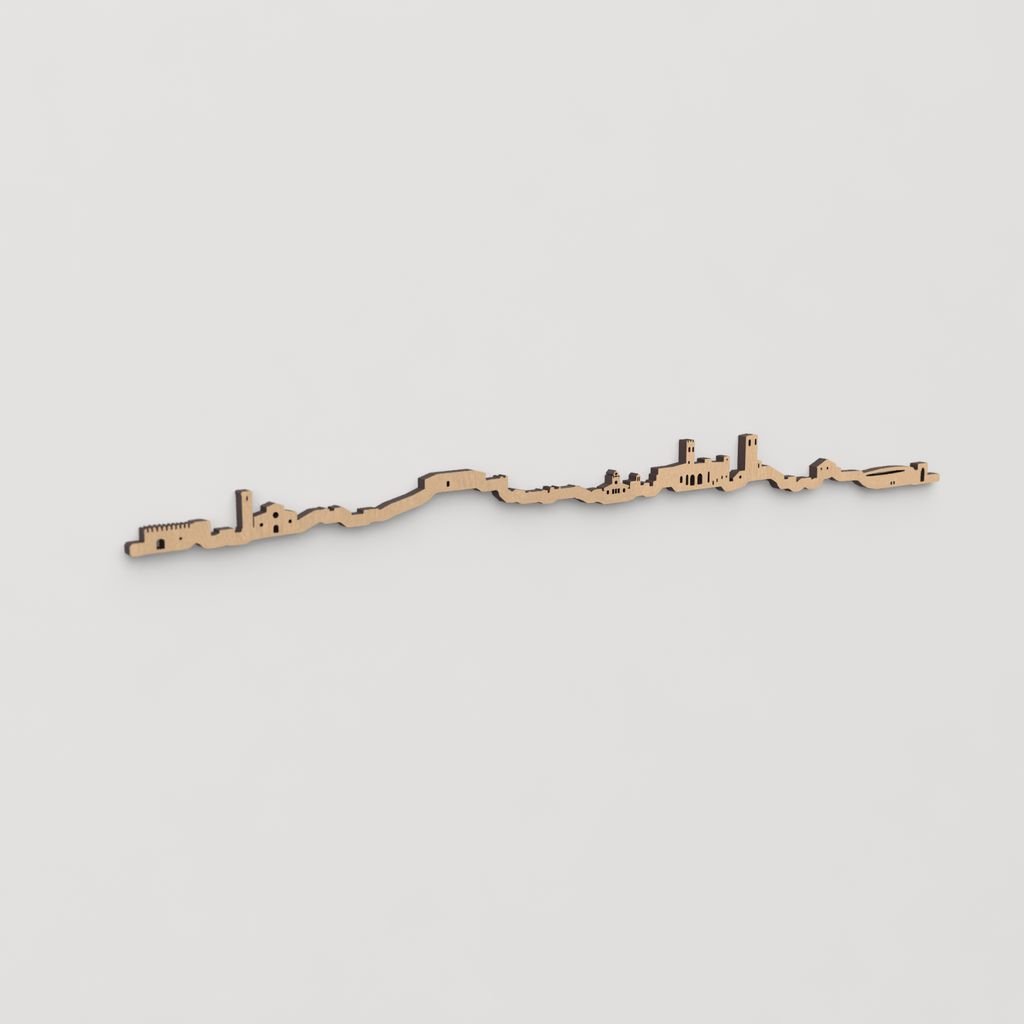 Decoración de pared con la silueta de Brihuega, una pieza de artesanía en madera.