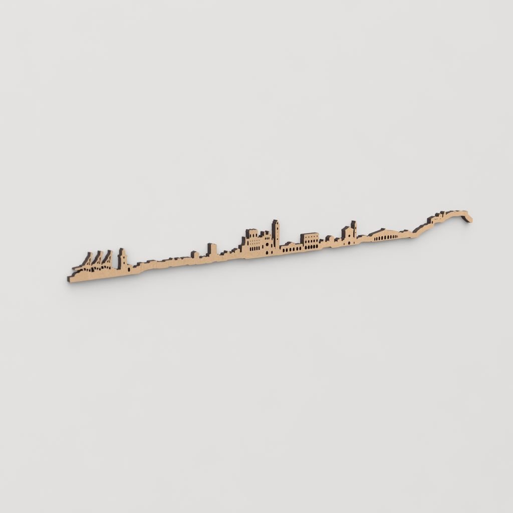 Decoración de pared con la silueta de Castelló, una pieza de artesanía en madera.