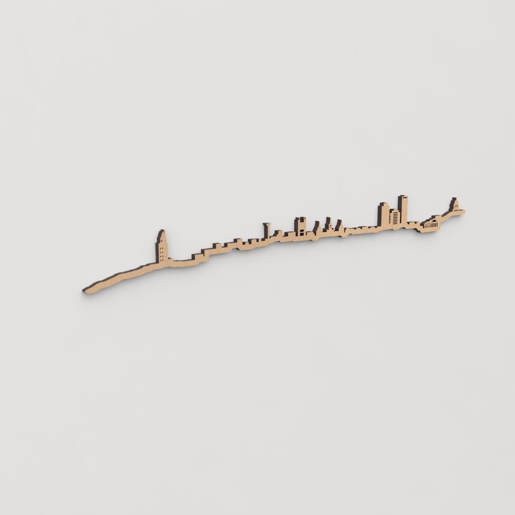 Skyline A Coruña en madera, decoración mural elegante sobre pared de salón.