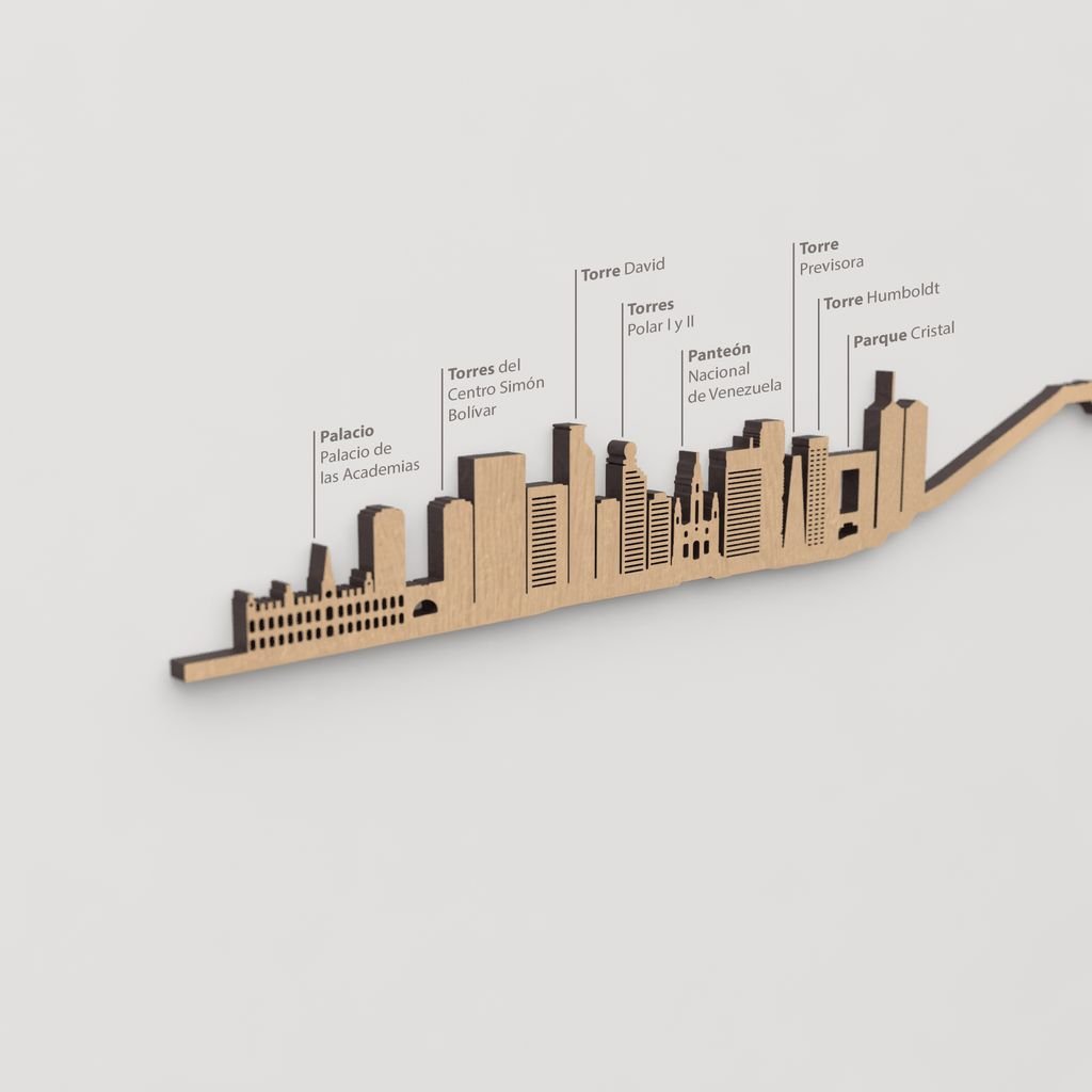 Silueta skyline de Caracas en madera color marrón para decoración mural.