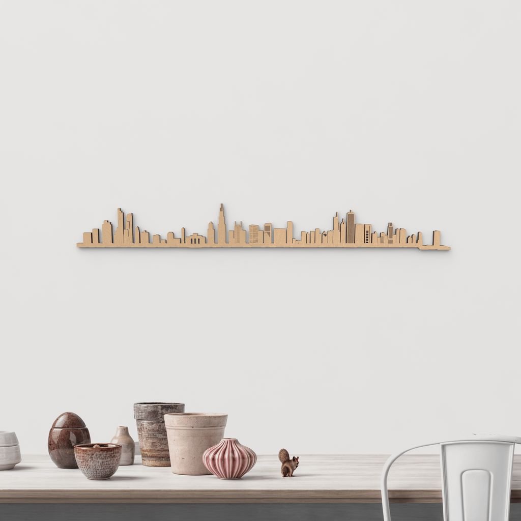 Silueta skyline de Chicago en madera color marrón para decoración mural.