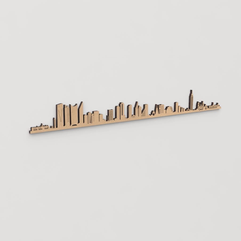 Decoración de pared con la silueta de Ciudad de México, una pieza de artesanía en madera.