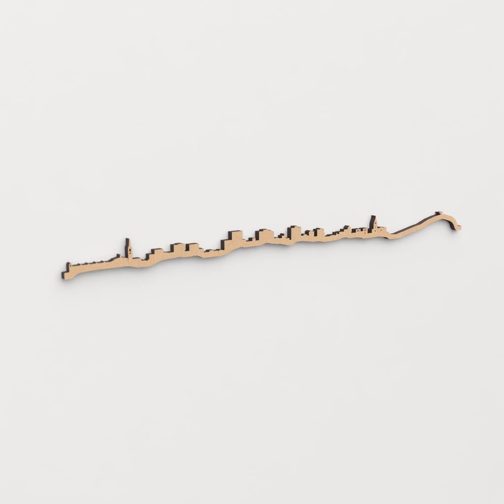 Skyline Gijón-Xixón en madera, decoración de pared elegante y moderna.