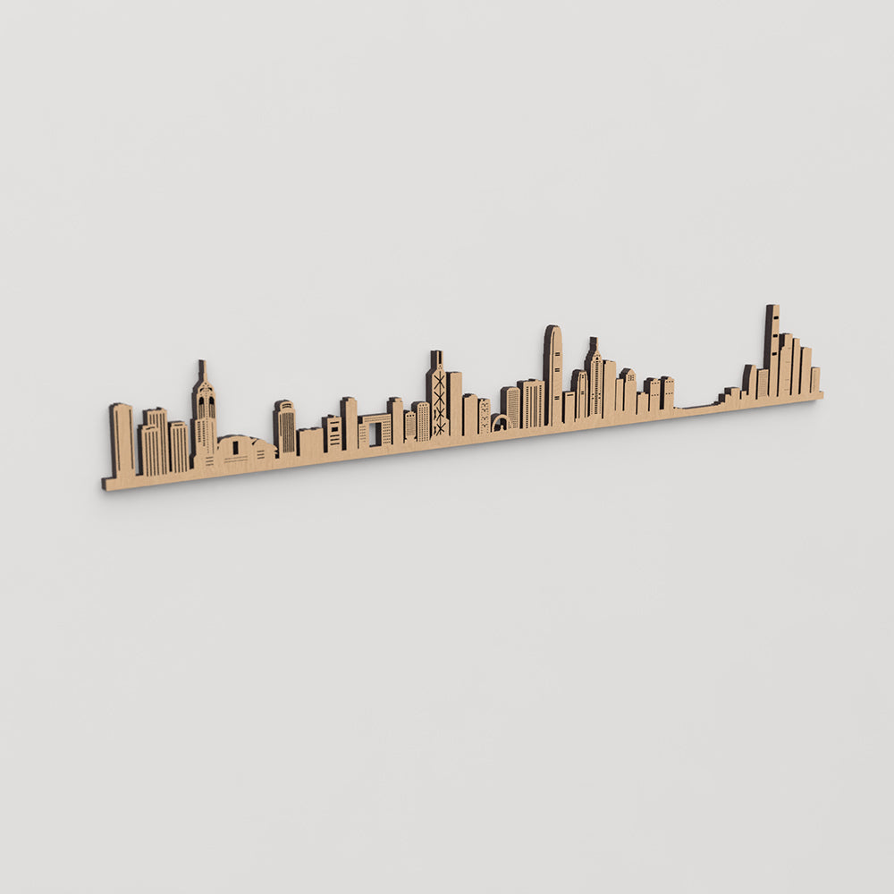 Skyline Hong Kong en madera, decoración de pared elegante y moderna.