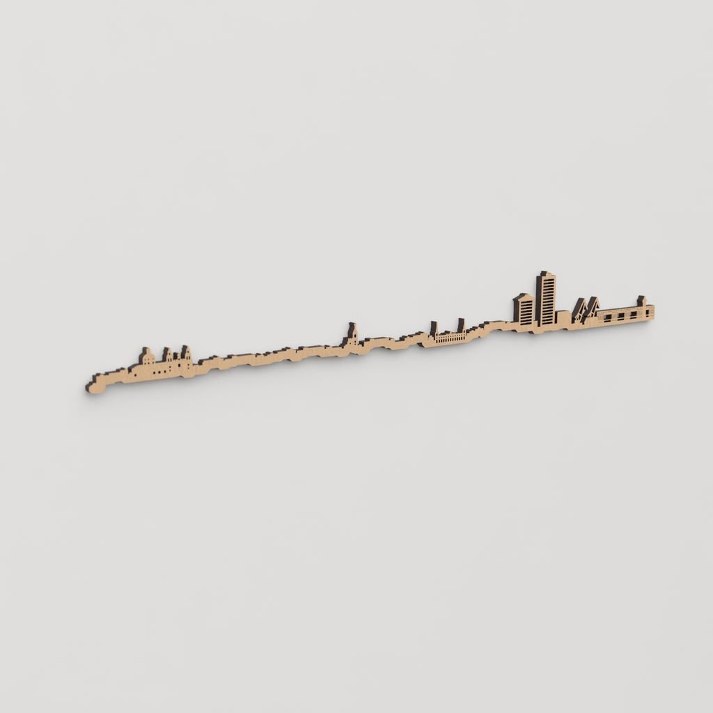 Skyline Huelva en madera, decoración de pared elegante y moderna.