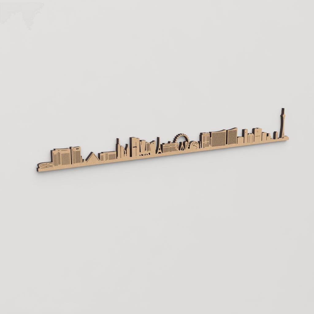 Skyline Las Vegas en madera, decoración mural elegante sobre pared de salón.