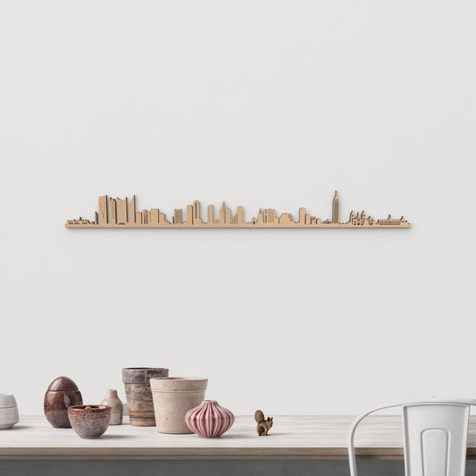 Silueta skyline de Ciudad de México en madera de abedul color marrón para decoración mural.
