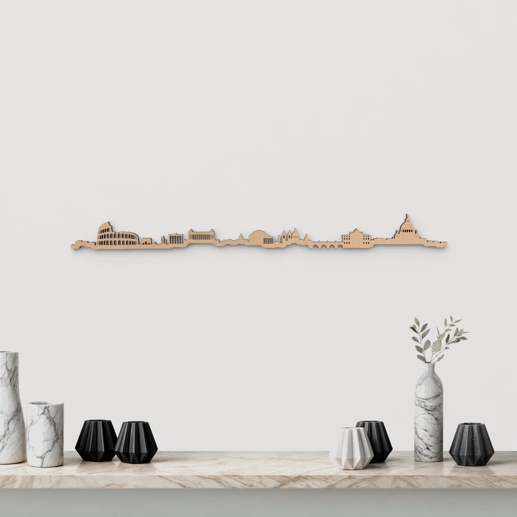 Silueta skyline de Roma en madera color marrón para decoración mural.
