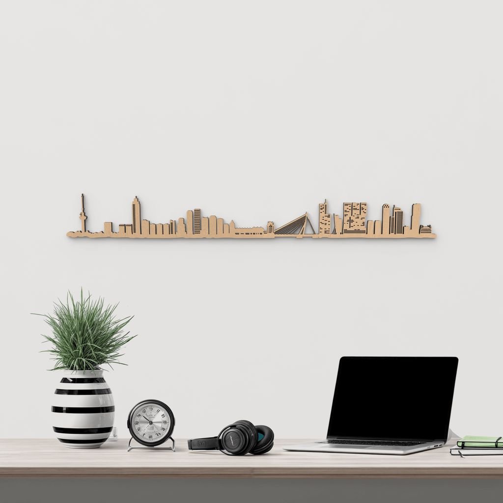 Silueta skyline de Rotterdam en madera color marrón para decoración mural.