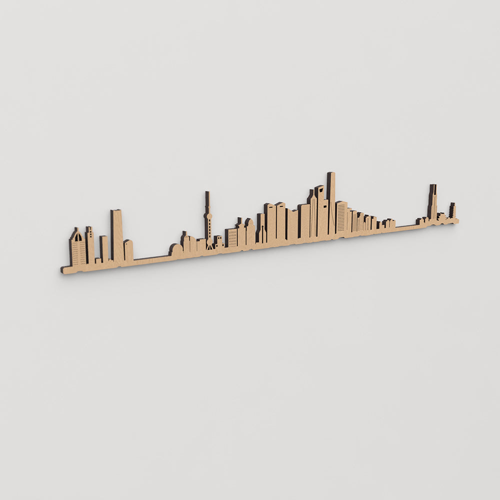 Skyline Shanghái en madera, decoración de pared elegante y moderna.