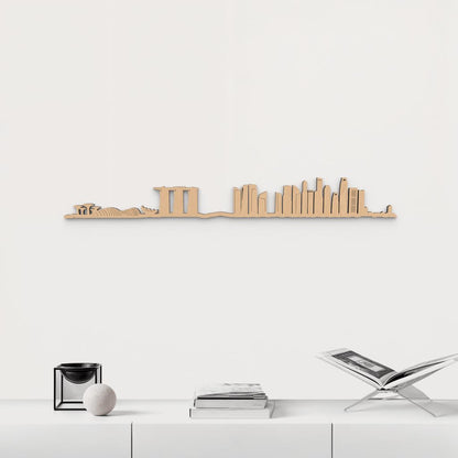 Silueta skyline de Singapore en madera de abedul color marrón para decoración mural