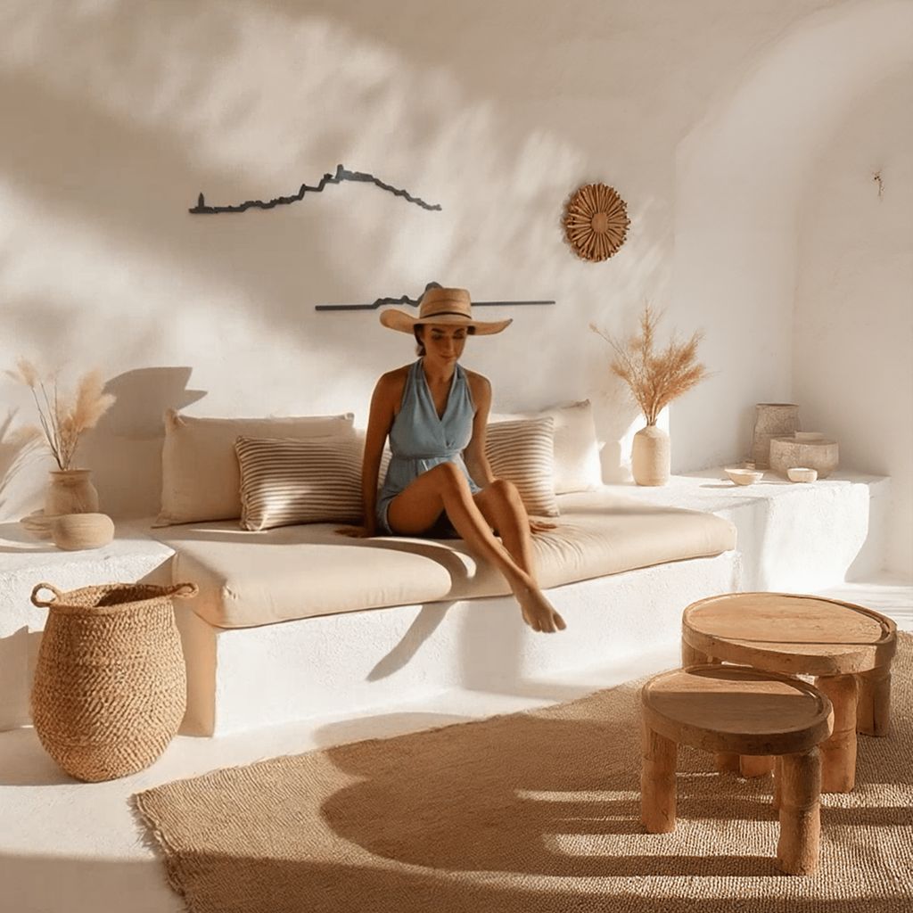 Skyline de Ibiza y Es Vedrà en madera negra decorando una pared encalada de estilo mediterráneo, con sofá de obra, cojines de lino y detalles rústicos en mimbre y madera natural.