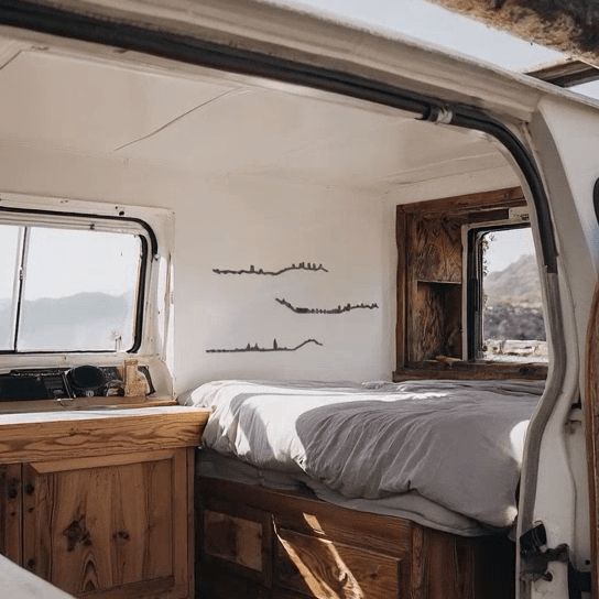 Skylines de Molina de Aragón, Soria y El Burgo de Osma en madera negra decorando el interior de una furgoneta camper con mobiliario rústico de madera, cama junto a la ventana y vistas a las montañas.