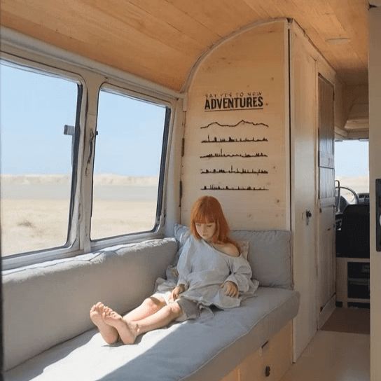 Skylines de München, Berlin, Hamburg y Hannover en madera negra sobre pared de madera clara en el interior de una furgoneta camper minimalista, con niña pelirroja recostada junto a la ventana y vistas al desierto.