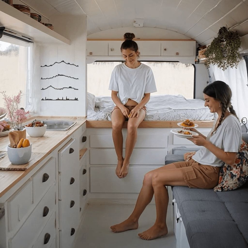 Skylines de Sintra, Ibiza, Ámsterdam y Atenas en madera negra decorando la pared de una furgoneta camper blanca con cocina rústica integrada, cama elevada y dos mujeres compartiendo un momento relajado mientras preparan comida.