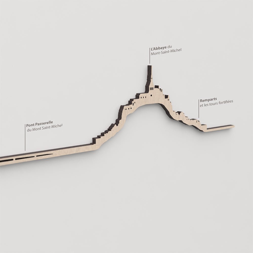 Skyline Mont Saint-Michel – primer plano de L’Abbaye du Mont-Saint-Michel en madera natural.