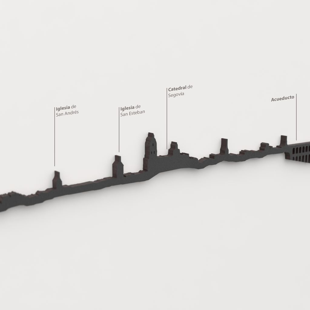 Detalle del Acueducto de Segovia en la silueta de madera del skyline de Segovia.