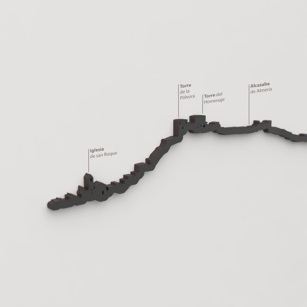 Detalle de la Alcazaba de Almería en la silueta de madera del skyline de Almería.