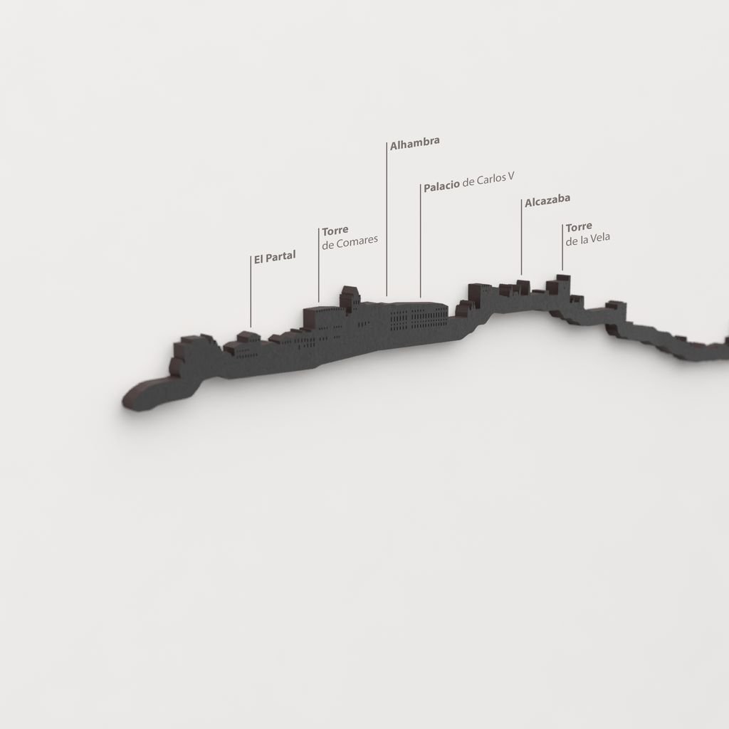 Detalle de la Alhambra en la silueta de madera del skyline de Granada.