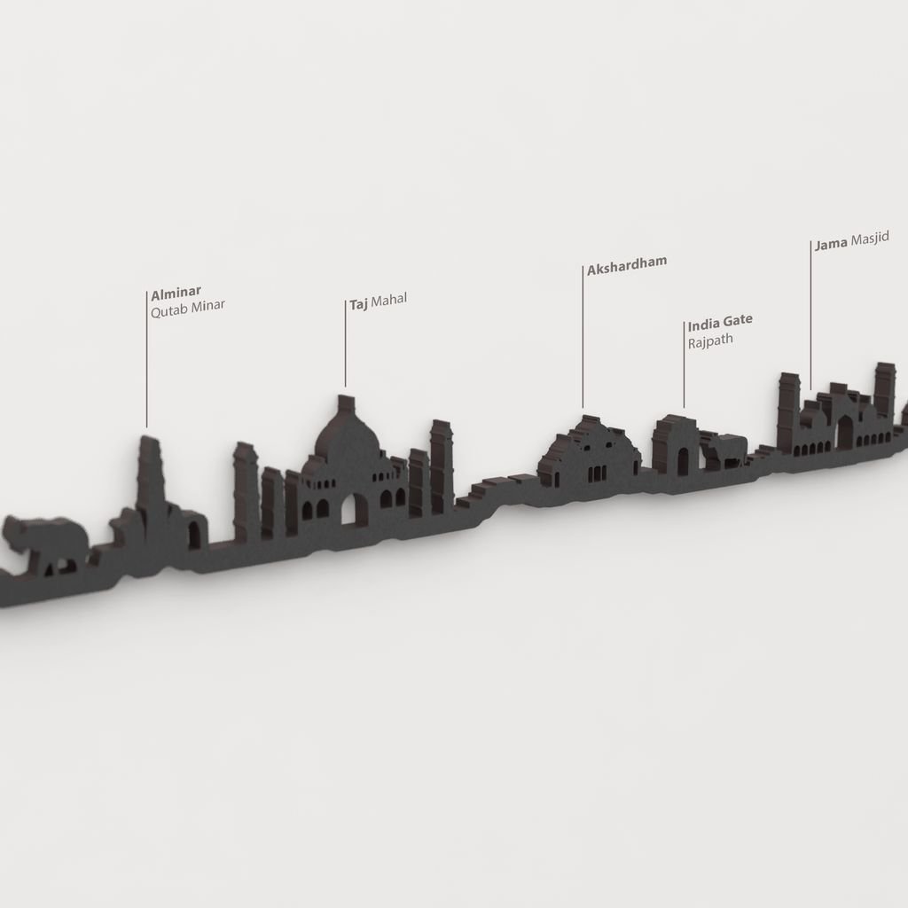 Skyline India – detalle del Alminar Qutab Minar en madera negra.