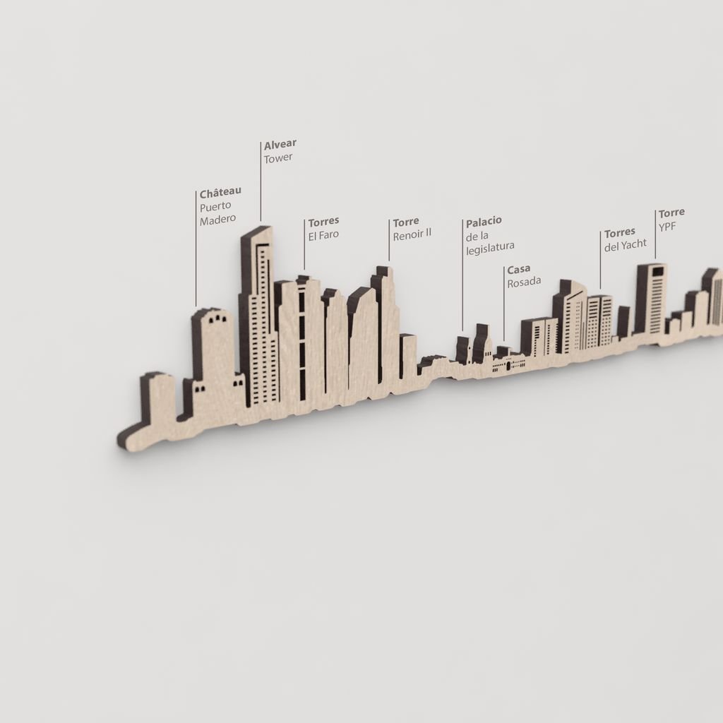 Primer plano de la Alvear Tower en la silueta de madera de Buenos Aires.