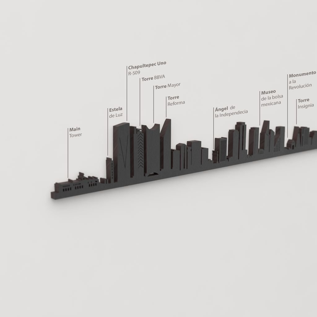 Detalle del Ángel de la Independencia en la silueta de madera del skyline de Ciudad de México.