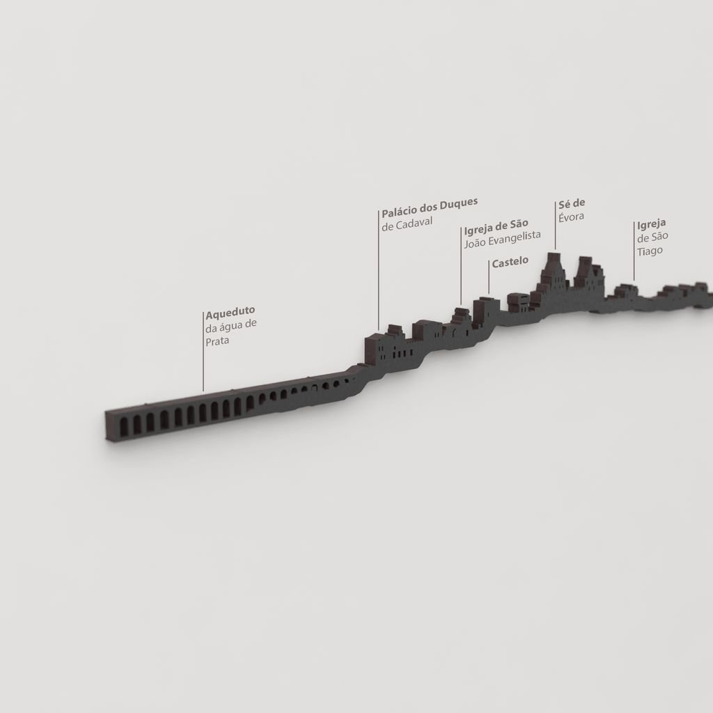 Skyline Évora – detalle del Aqueduto da Água de Prata en madera negra.
