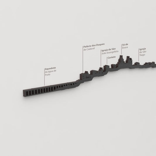Skyline Évora – detalle del Aqueduto da Água de Prata en madera negra.