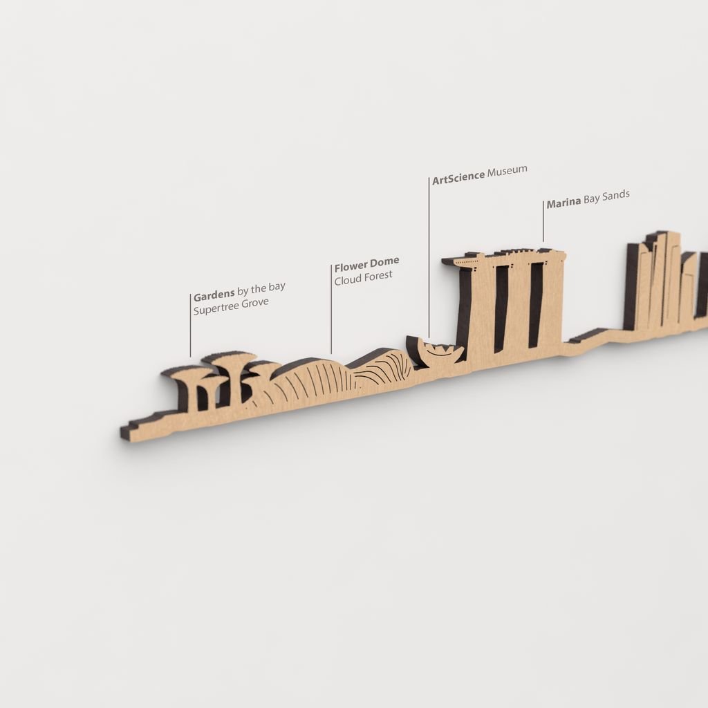 Vista detallada del ArtScience Museum en el skyline de Singapore color marrón.