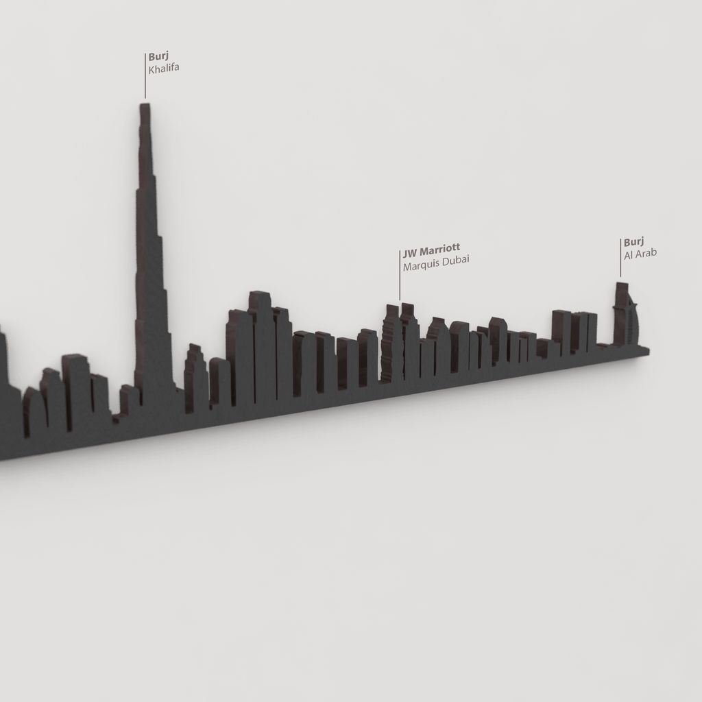 Detalle del rascacielos Burj Khalifa en la silueta skyline de Dubái en madera.