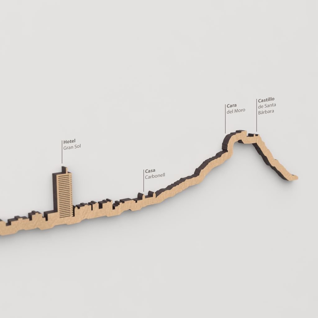 Vista detallada de la Casa Carbonell en el skyline de Alicante color marrón.