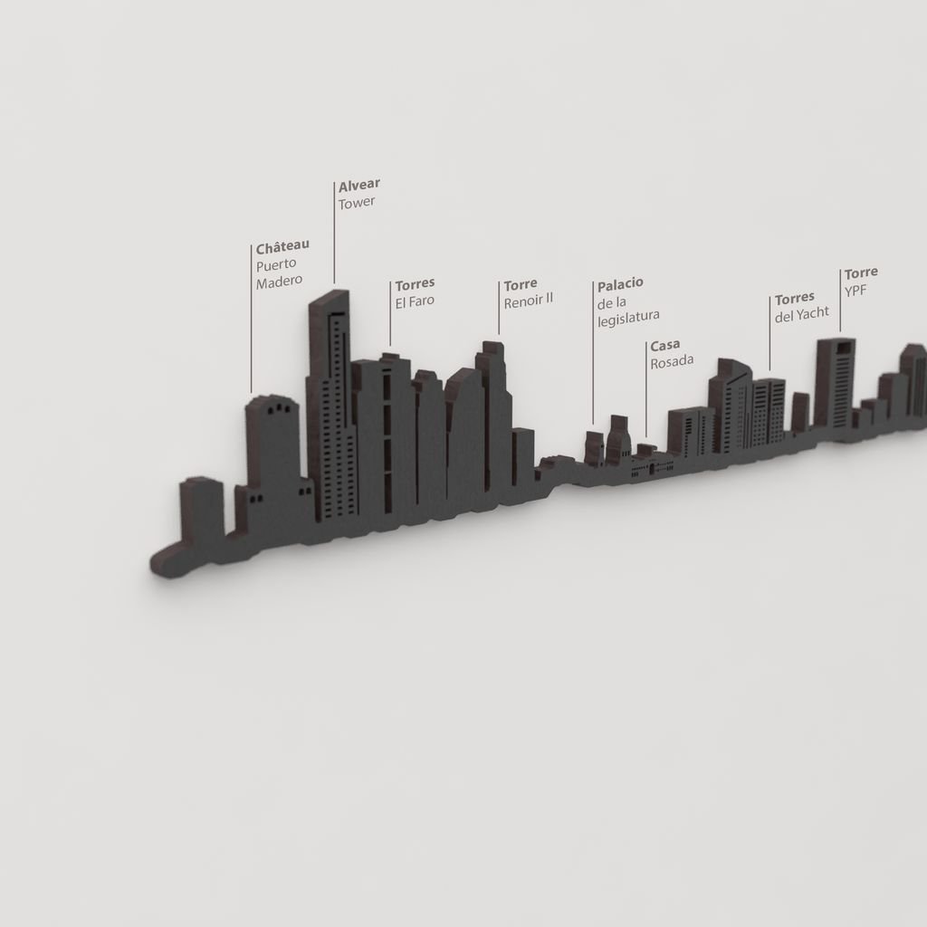 Detalle de la Casa Rosada en la silueta de madera del skyline de Buenos Aires.