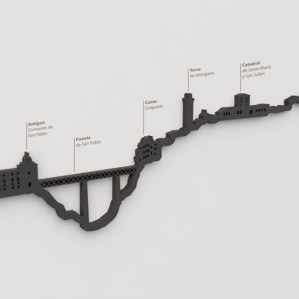 Detalle de las Casas Colgadas en la silueta en madera negra del skyline de Cuenca.