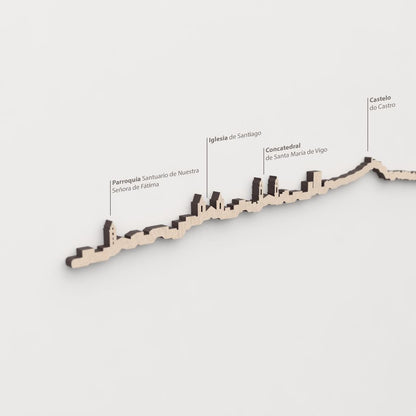 Primer plano del Castelo do Castro en la silueta de madera de Vigo.