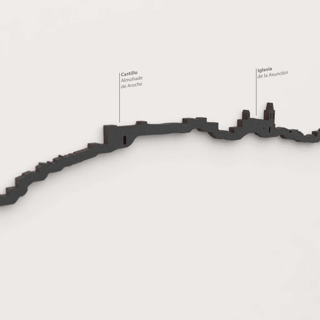 Detalle del Castillo Almohade de Aroche en la silueta de madera del skyline de Aroche.