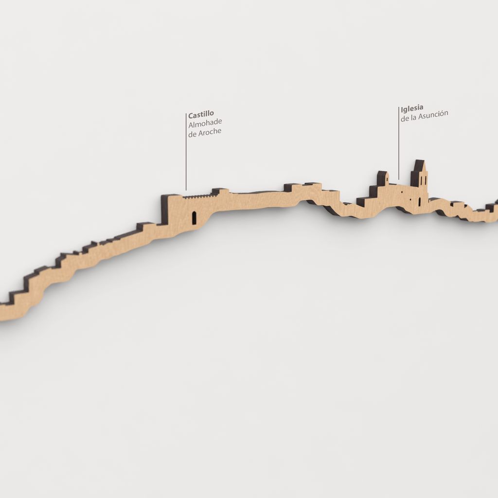 Vista detallada del Castillo Almohade de Aroche en el skyline de Aroche color marrón.