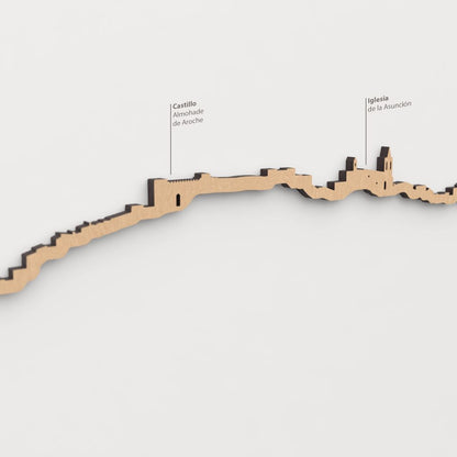 Vista detallada del Castillo Almohade de Aroche en el skyline de Aroche color marrón.
