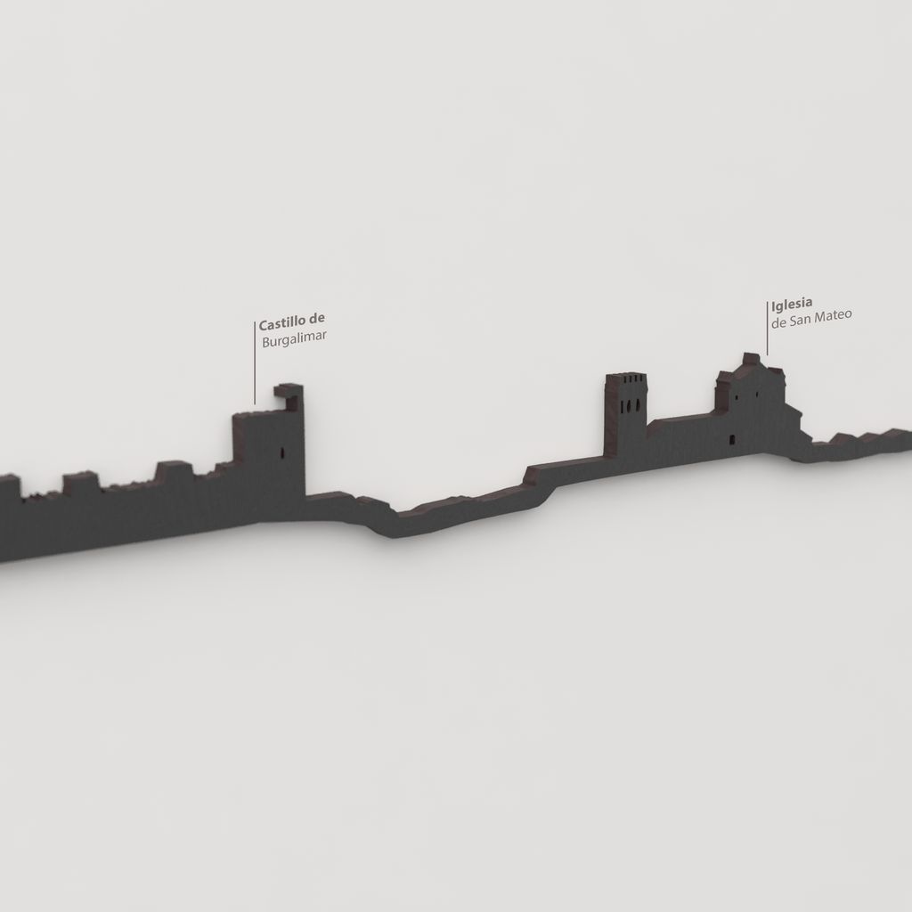 Skyline Banos de la Encina – detalle del Castillo de Burgalimar en madera negra.