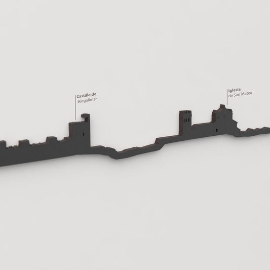 Skyline Banos de la Encina – detalle del Castillo de Burgalimar en madera negra.