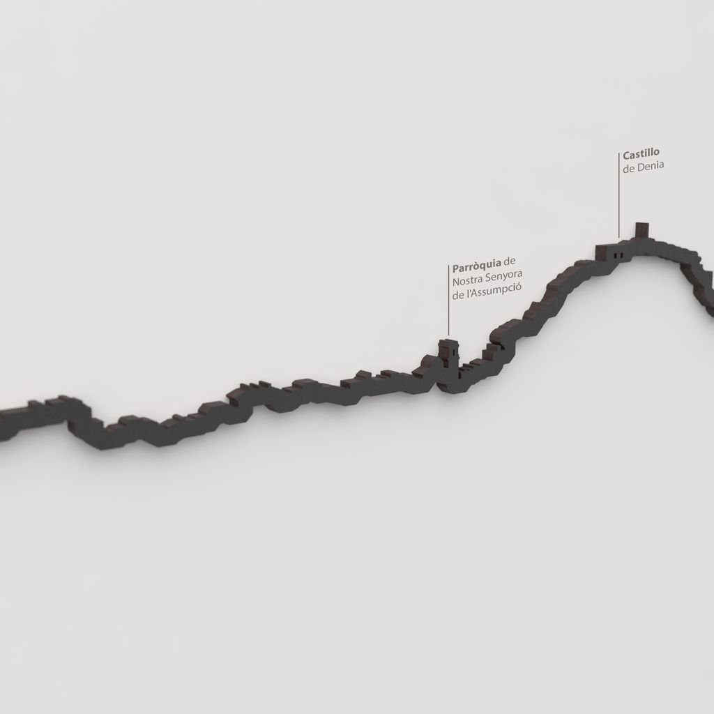 Detalle del Castillo de Dénia en la silueta en madera negra del skyline.