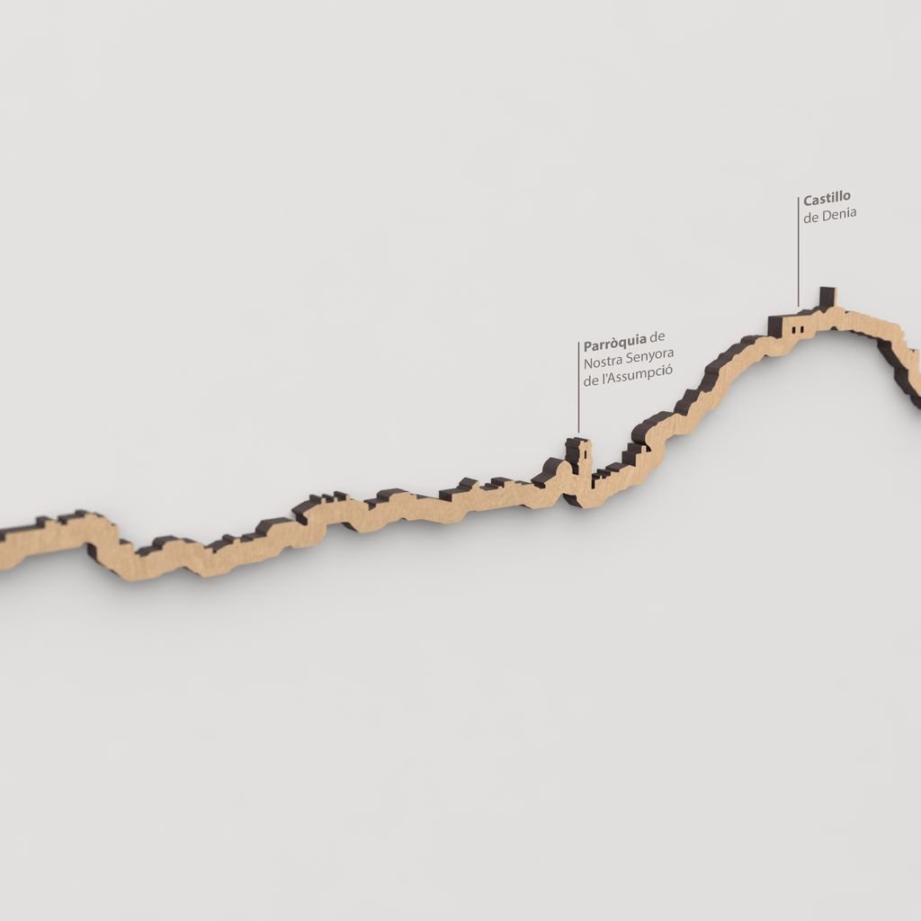 Detalle en madera marrón del Castillo de Dénia en el skyline decorativo.